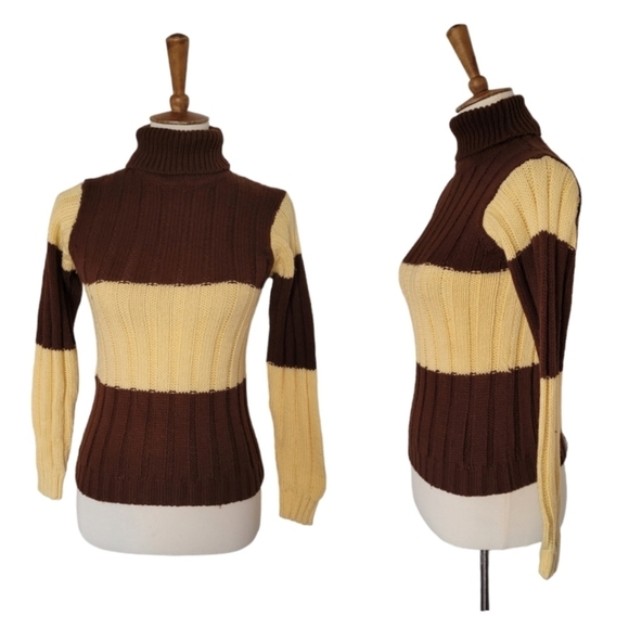 Vintage Sweaters - 70's Lord James Brown and Yellow Stripe Aycrlic Turtleneck